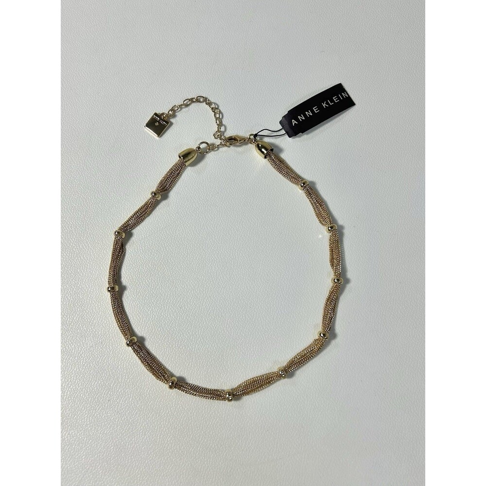 Anne Klein Multi Strand Chain Mesh Choker Necklace Gold Tone Spaced Bead Ring